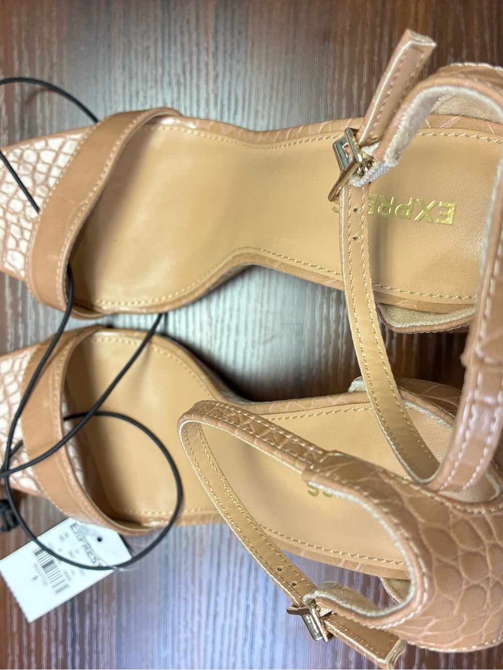Express Tan Croc-Texture Strappy Block Heel Sandals